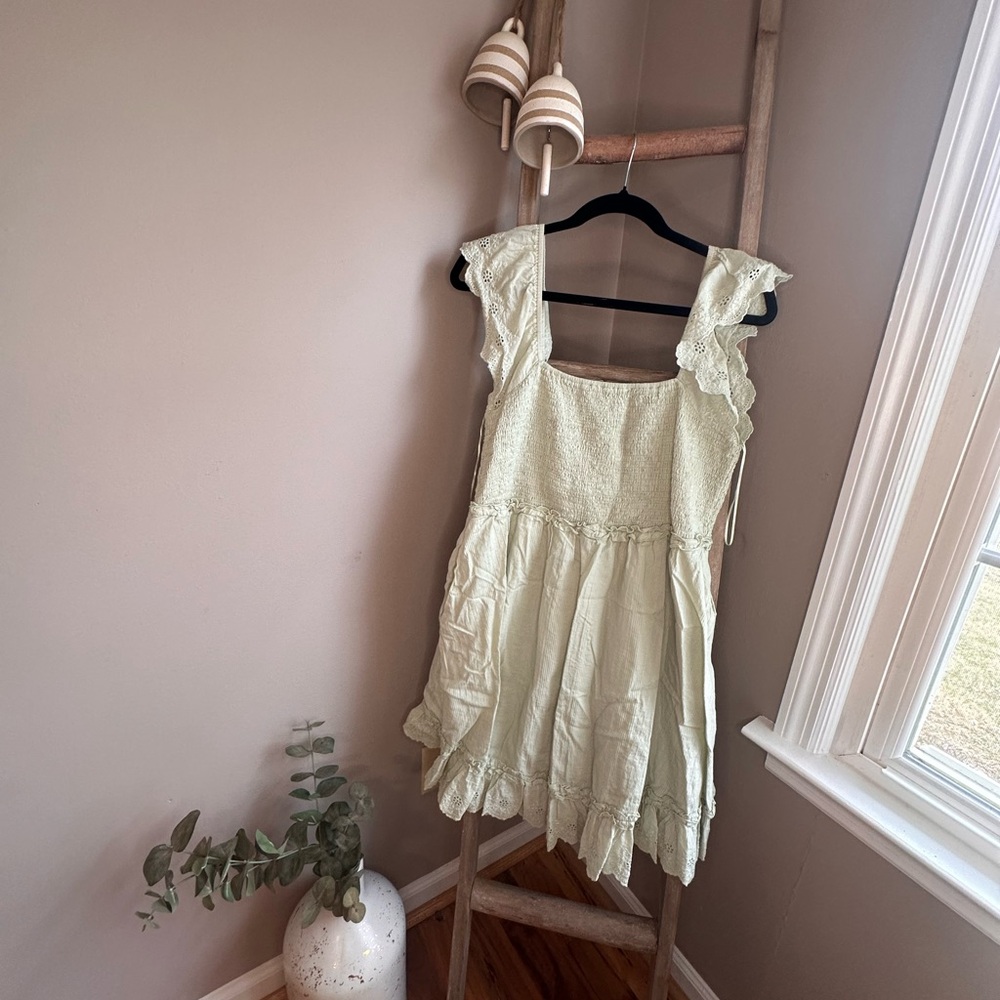 Chic Soul Light Green Mini Dress with Eyelet Ruffled Straps